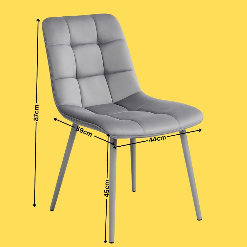 Round Dining Table and Chairs Set - Frosted Tempered Glass Kitchen Table with 4 Grey Velvet Dining Chairs - Modern 4 Seater Kitchen Room Furniture - 90 x 90 x 75 cm