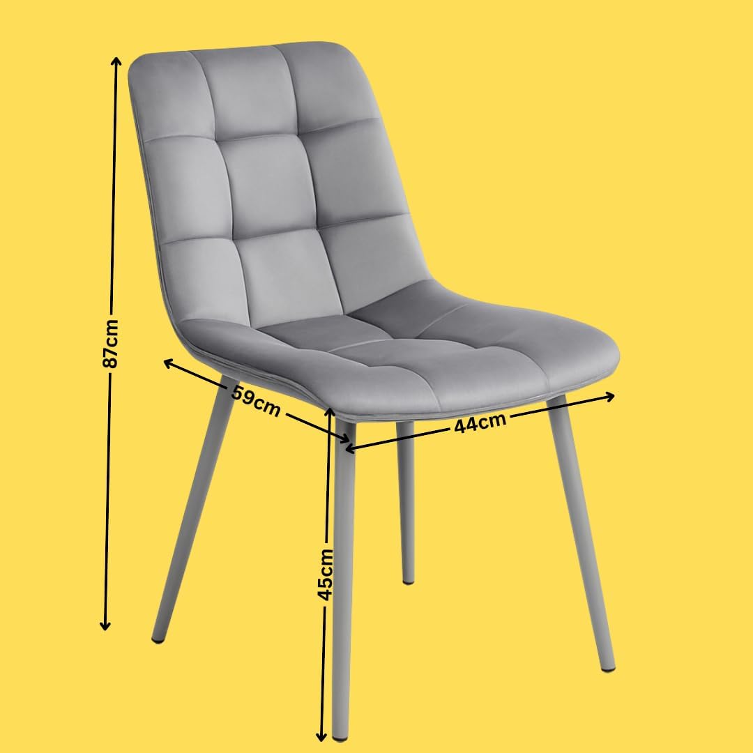 Round Dining Table and Chairs Set - Frosted Tempered Glass Kitchen Table with 4 Grey Velvet Dining Chairs - Modern 4 Seater Kitchen Room Furniture - 90 x 90 x 75 cm