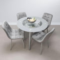 Round Dining Table and Chairs Set - Frosted Tempered Glass Kitchen Table with 4 Grey Velvet Dining Chairs - Modern 4 Seater Kitchen Room Furniture - 90 x 90 x 75 cm