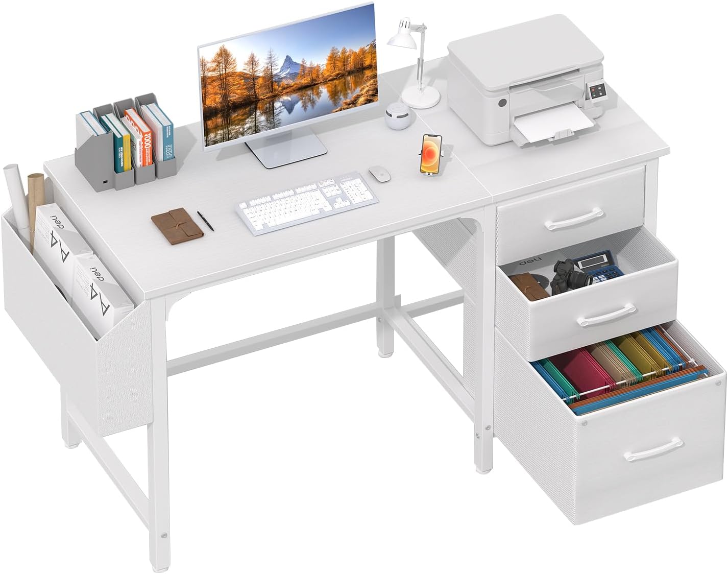 Compact Desk with 3 Drawers, White 120×50cm