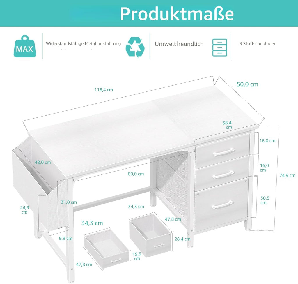 Compact Desk with 3 Drawers, White 120×50cm