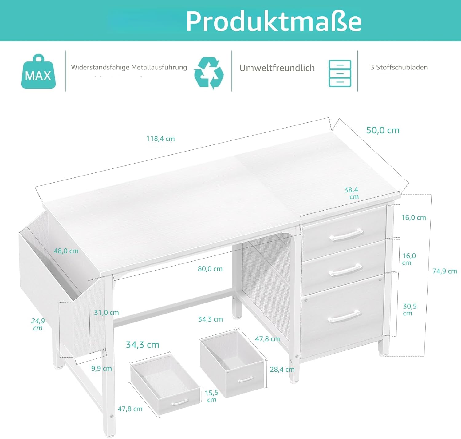 Compact Desk with 3 Drawers, White 120×50cm