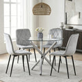 Round Glass Dining Table and Grey Velvet Chairs Set of 4 for Small Space