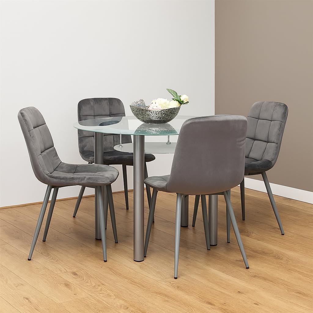 Round Dining Table and Chairs Set - Frosted Tempered Glass Kitchen Table with 4 Grey Velvet Dining Chairs - Modern 4 Seater Kitchen Room Furniture - 90 x 90 x 75 cm