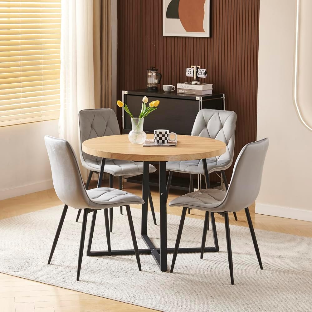 95cm Round Oak Wood Dining Table and Grey Velvet Chairs Set of 4