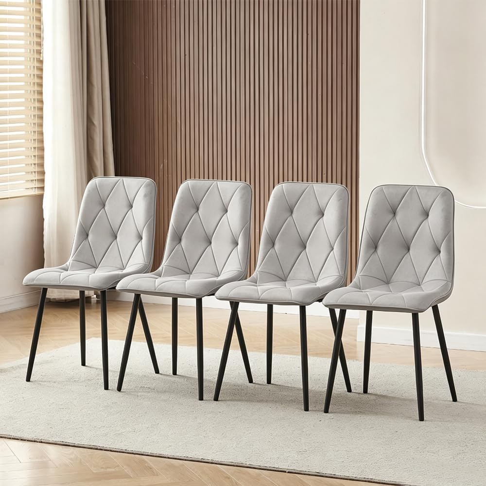 Round Glass Dining Table and Grey Velvet Chairs Set of 4 for Small Space