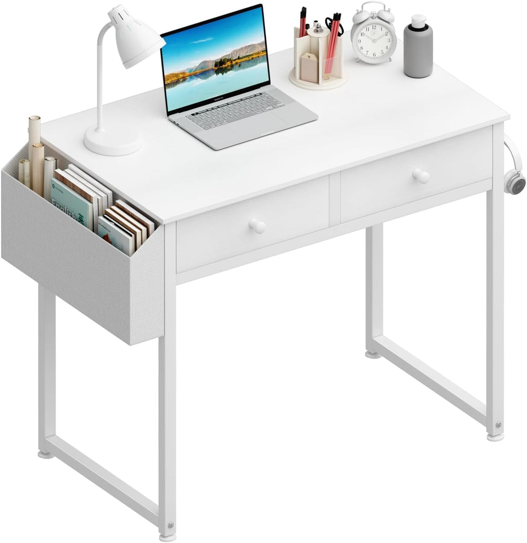 White Computer Desk with 2 Drawers & Storage