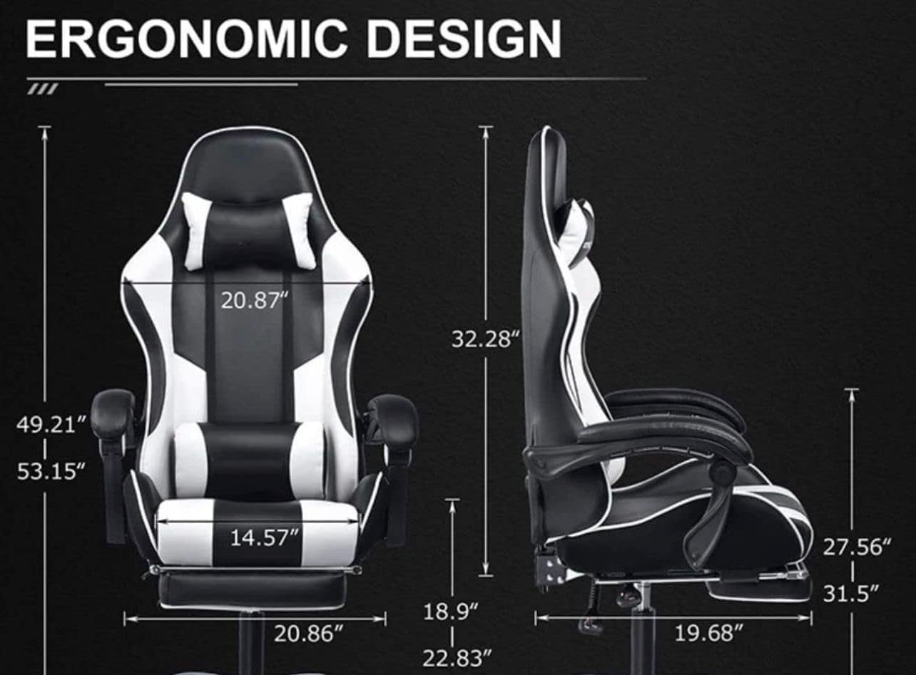 Gaming Chair Ergonomic Computer Chair Office Chair Desk Swivel Chair Adjustable Reclining Footrest Cushion White New!