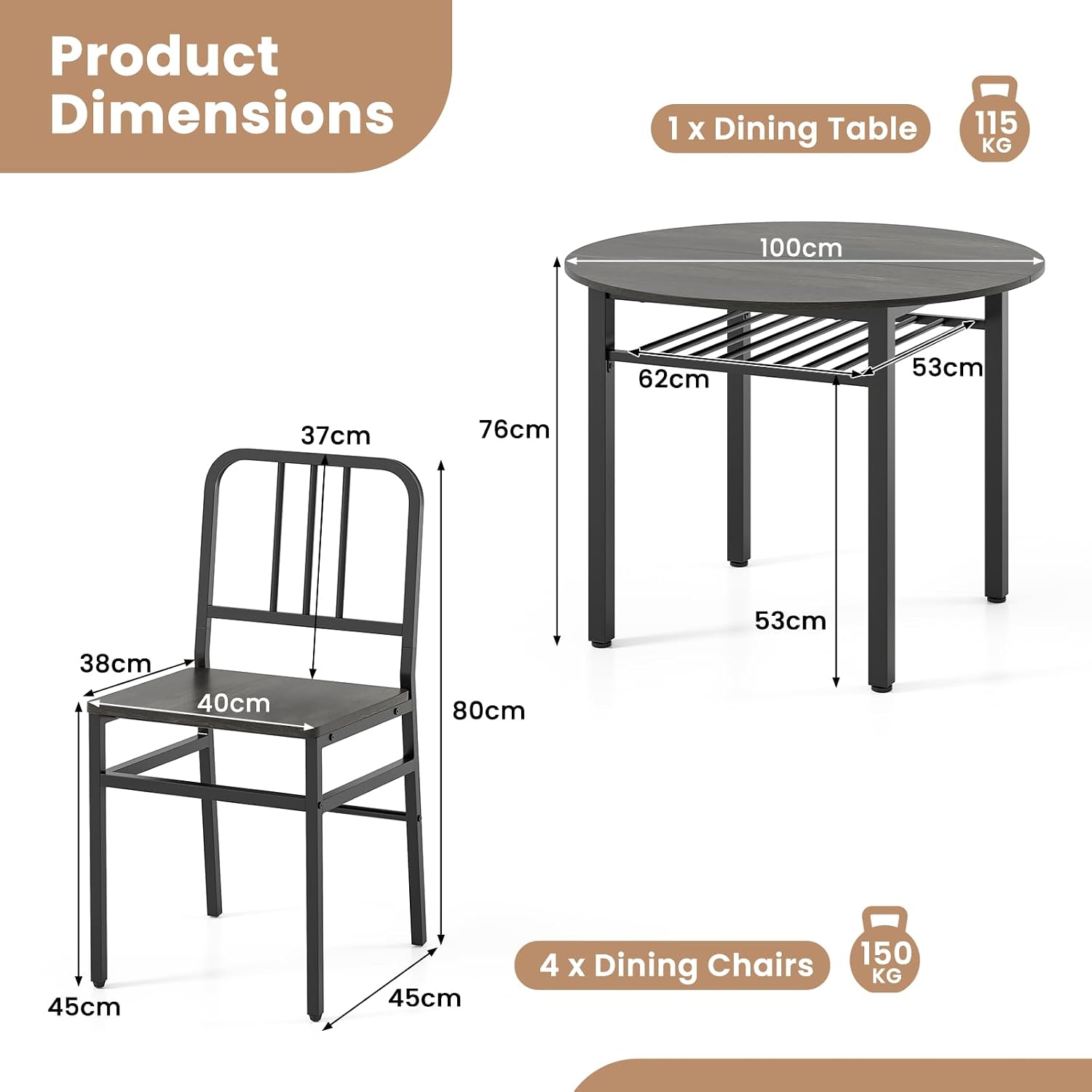5 Piece Round Dining Table Set for 4