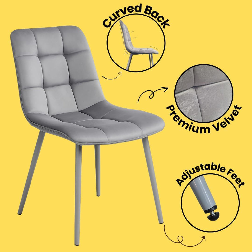 Round Dining Table and Chairs Set - Frosted Tempered Glass Kitchen Table with 4 Grey Velvet Dining Chairs - Modern 4 Seater Kitchen Room Furniture - 90 x 90 x 75 cm