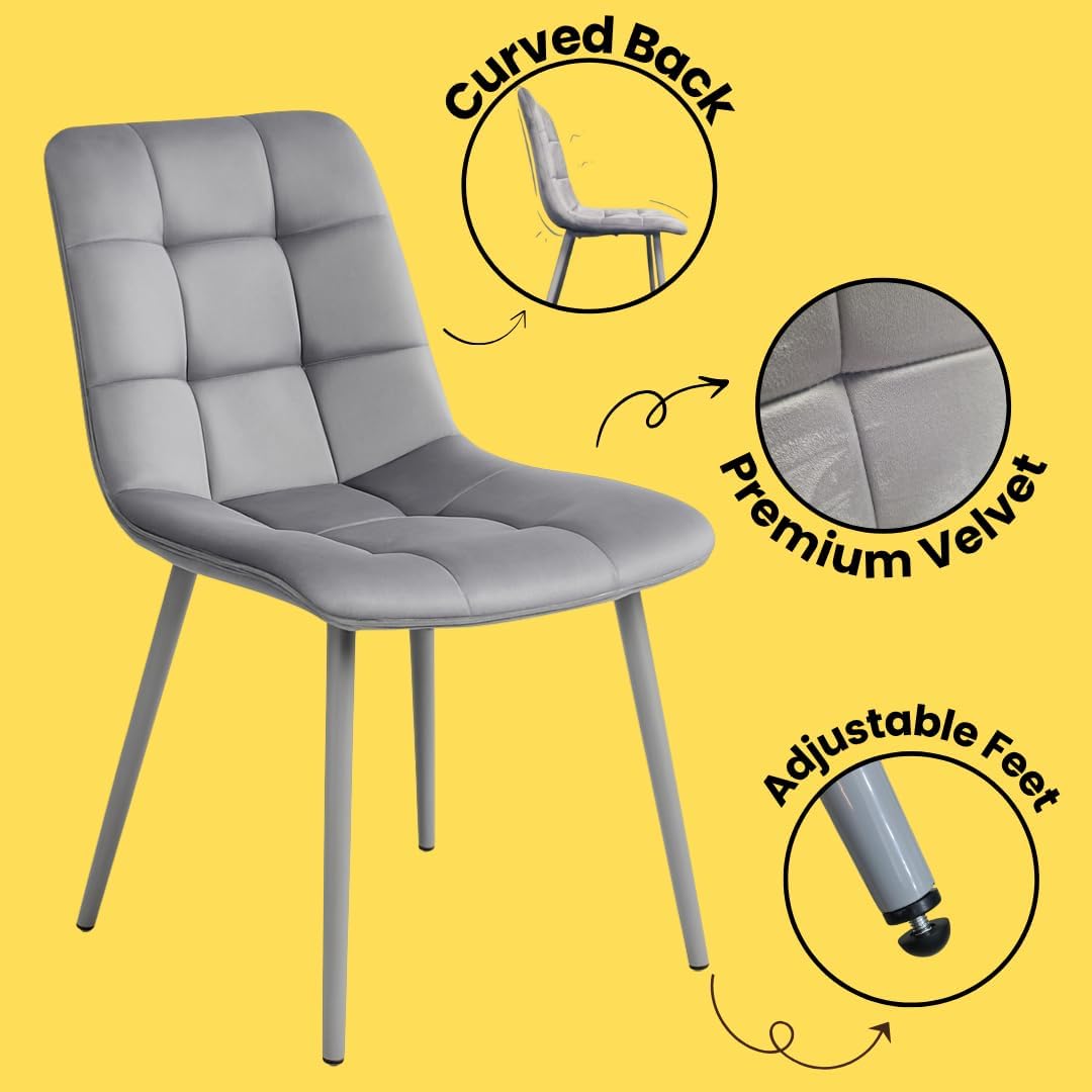 Round Dining Table and Chairs Set - Frosted Tempered Glass Kitchen Table with 4 Grey Velvet Dining Chairs - Modern 4 Seater Kitchen Room Furniture - 90 x 90 x 75 cm