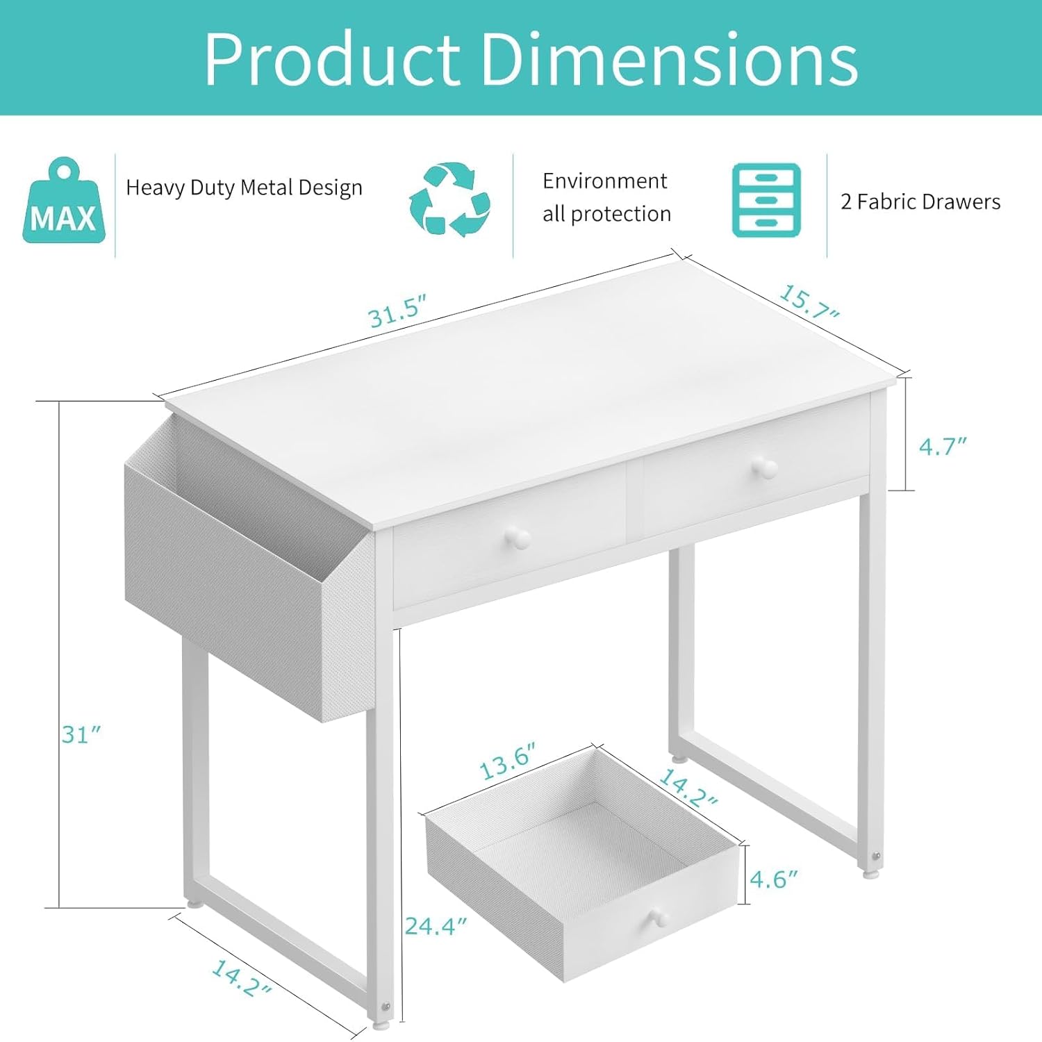 White Computer Desk with 2 Drawers & Storage