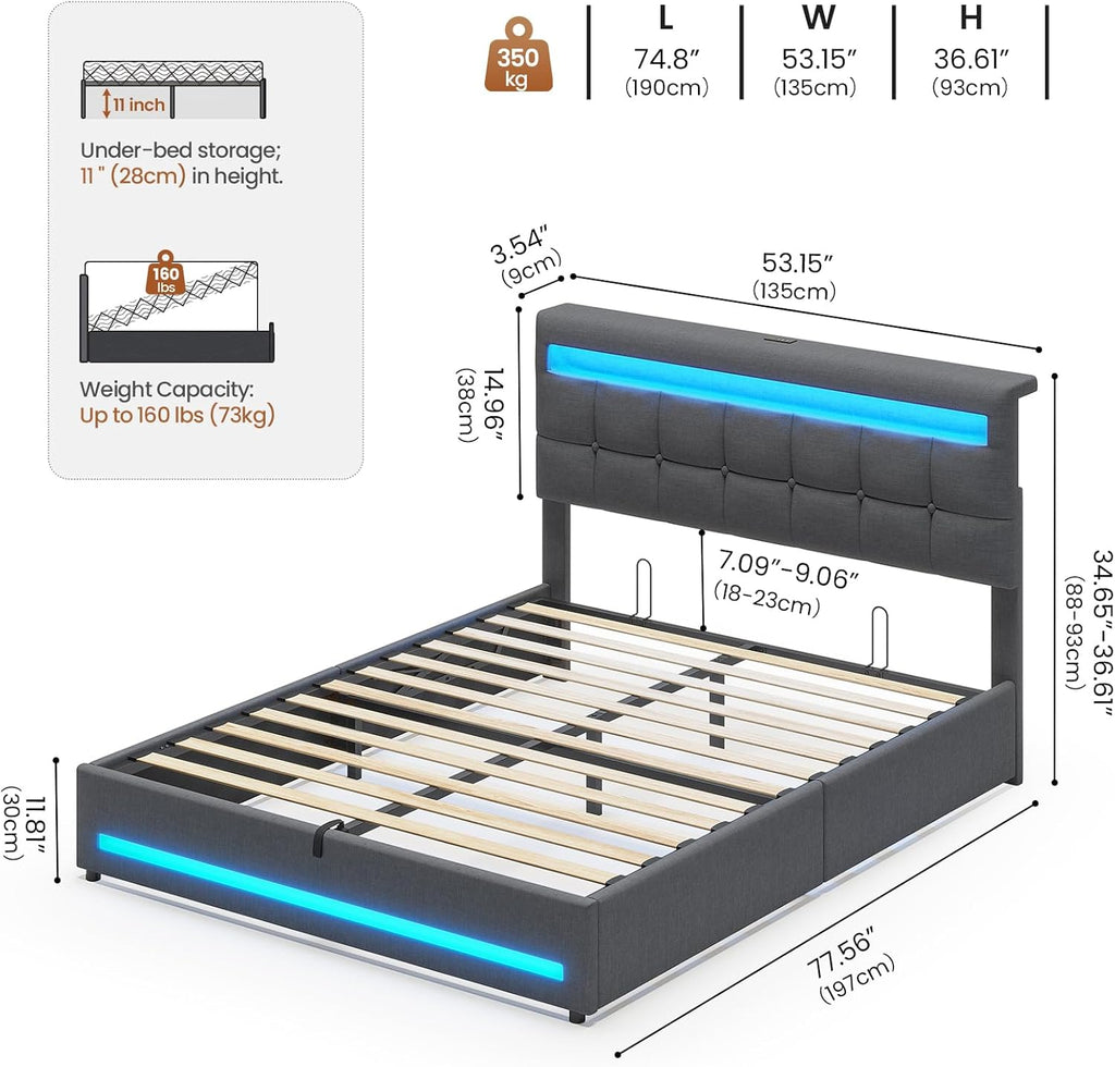 Double Ottoman Bed Frame 135×190 cm with Charging Station &amp; LED Lights