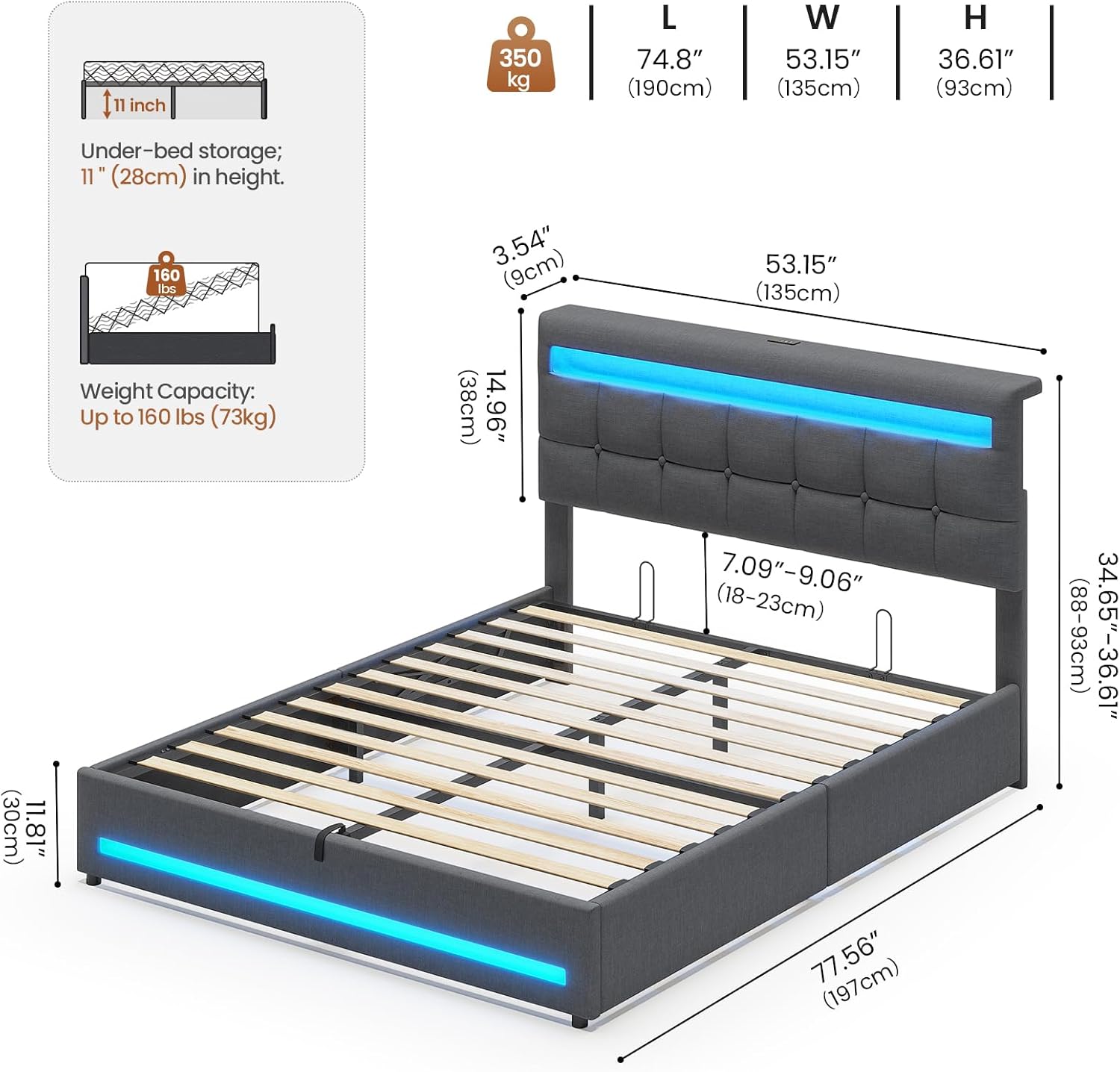 Double Ottoman Bed Frame 135×190 cm with Charging Station &amp; LED Lights