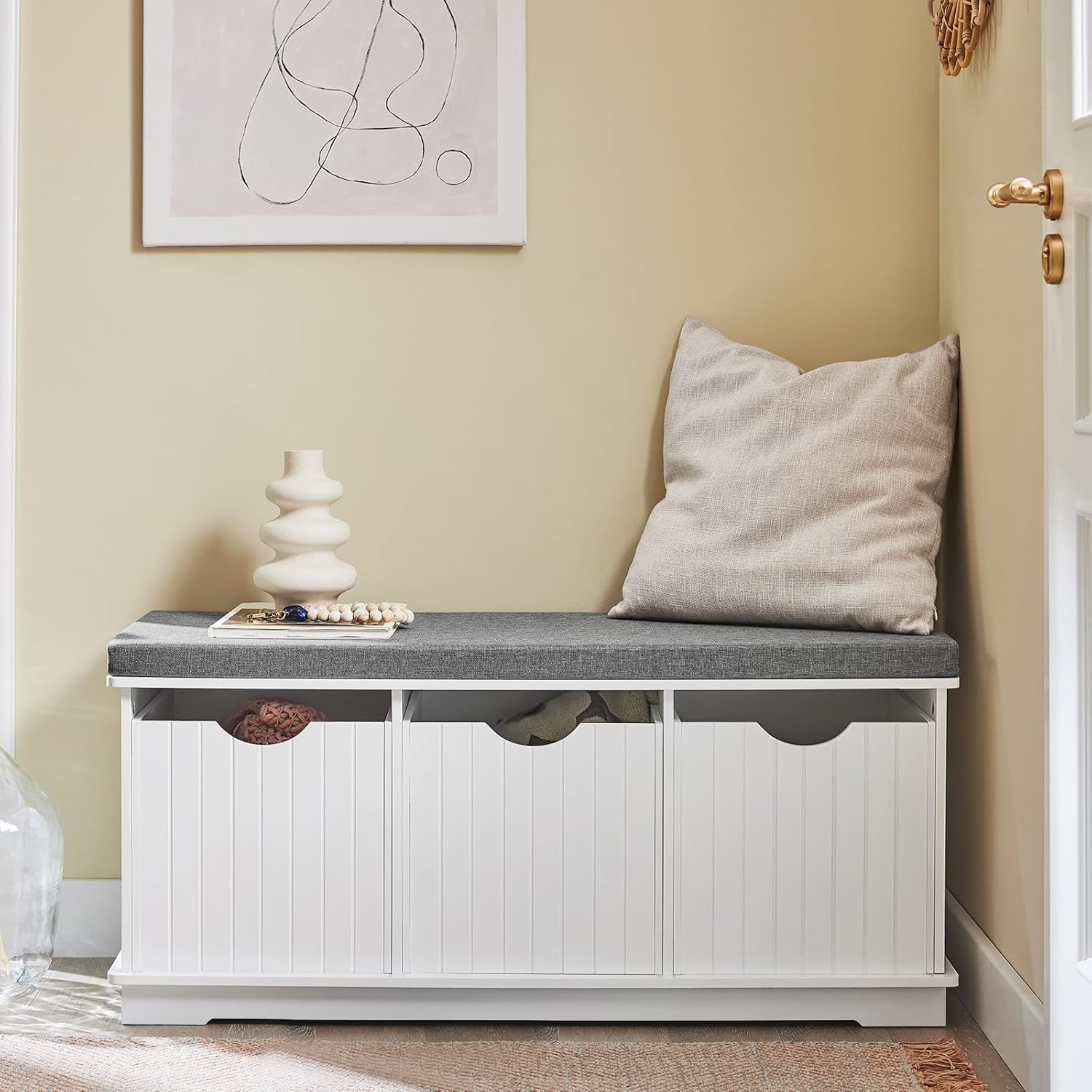 Hallway Shoe Storage Bench with 3 Drawers - Shoe Rack with Seat Cushion