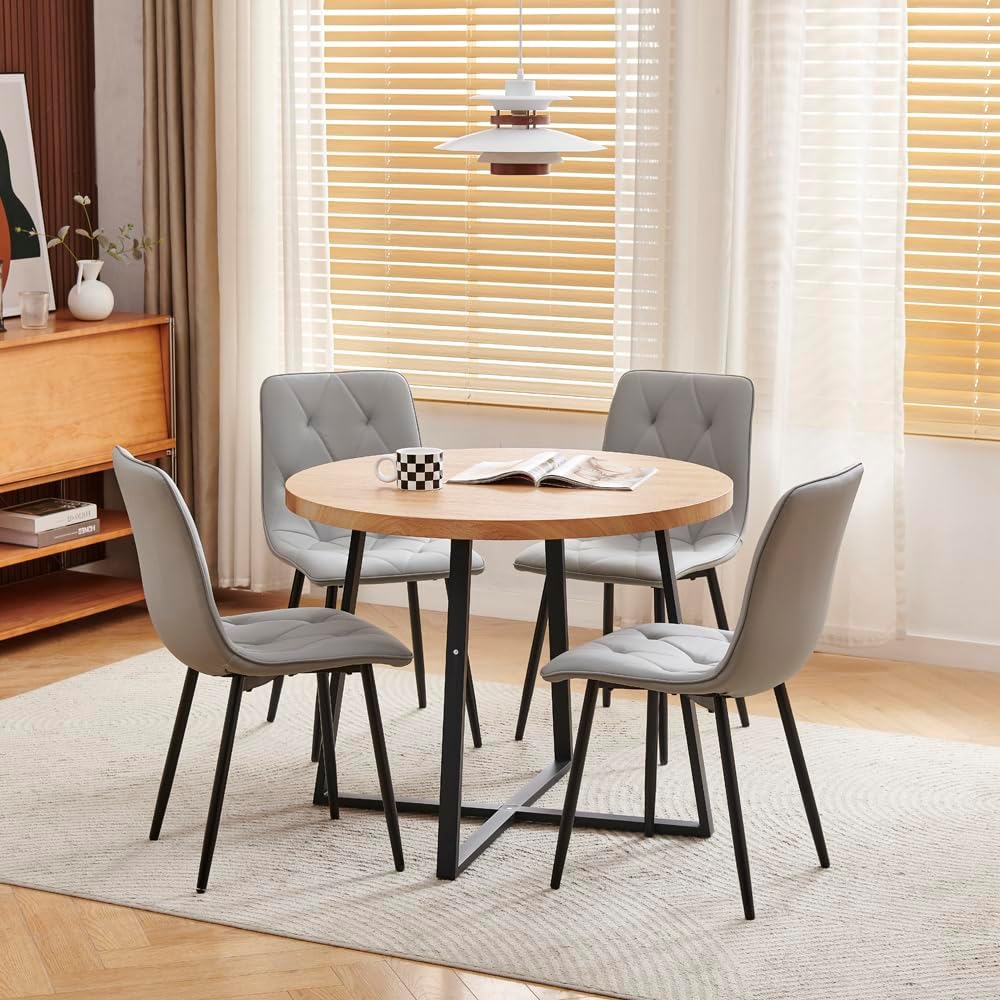 95cm Round Oak Wood Dining Table and Grey Velvet Chairs Set of 4