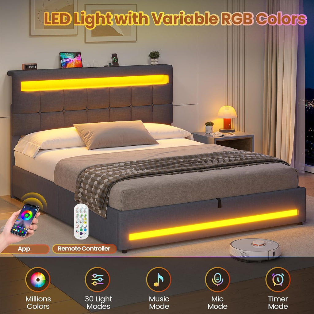 Double Ottoman Bed Frame 135×190 cm with Charging Station &amp; LED Lights