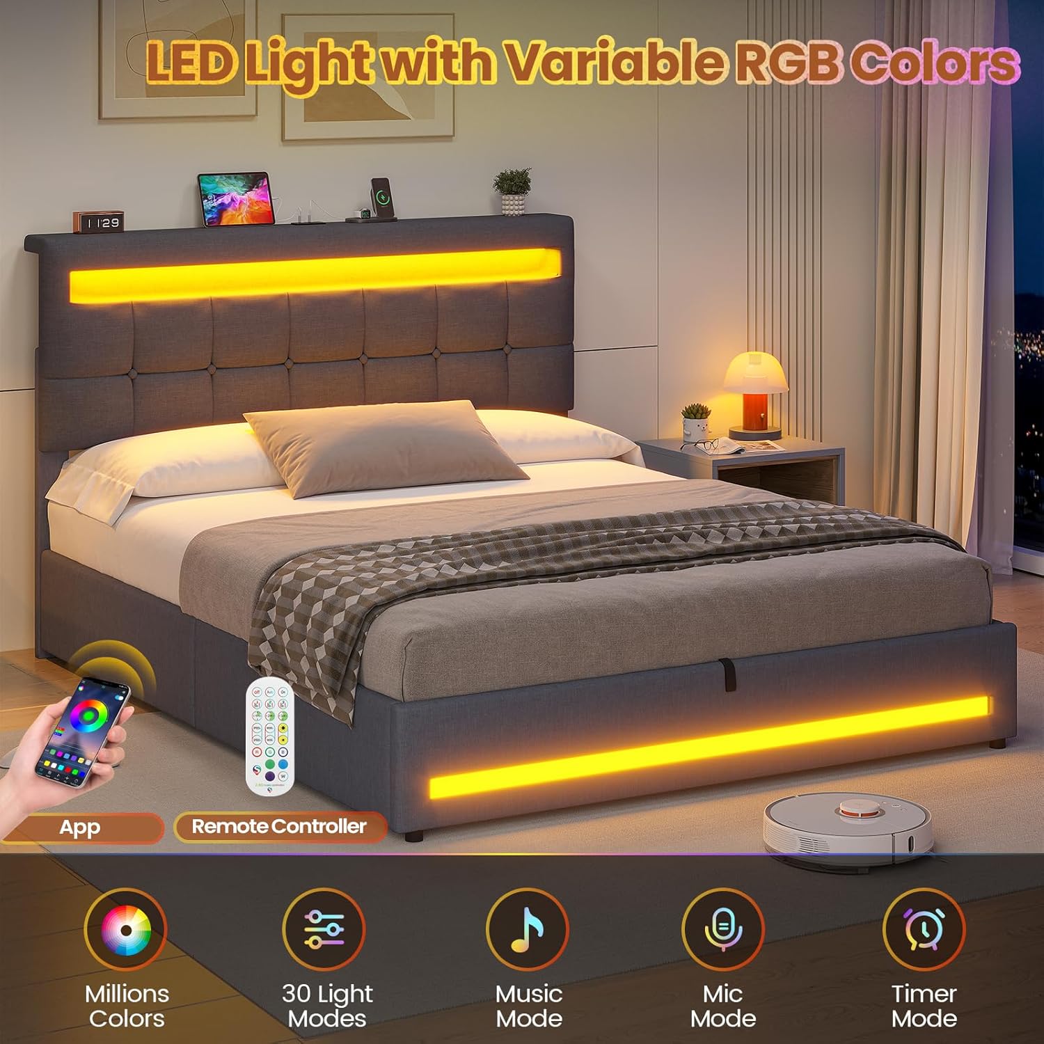 Double Ottoman Bed Frame 135×190 cm with Charging Station &amp; LED Lights