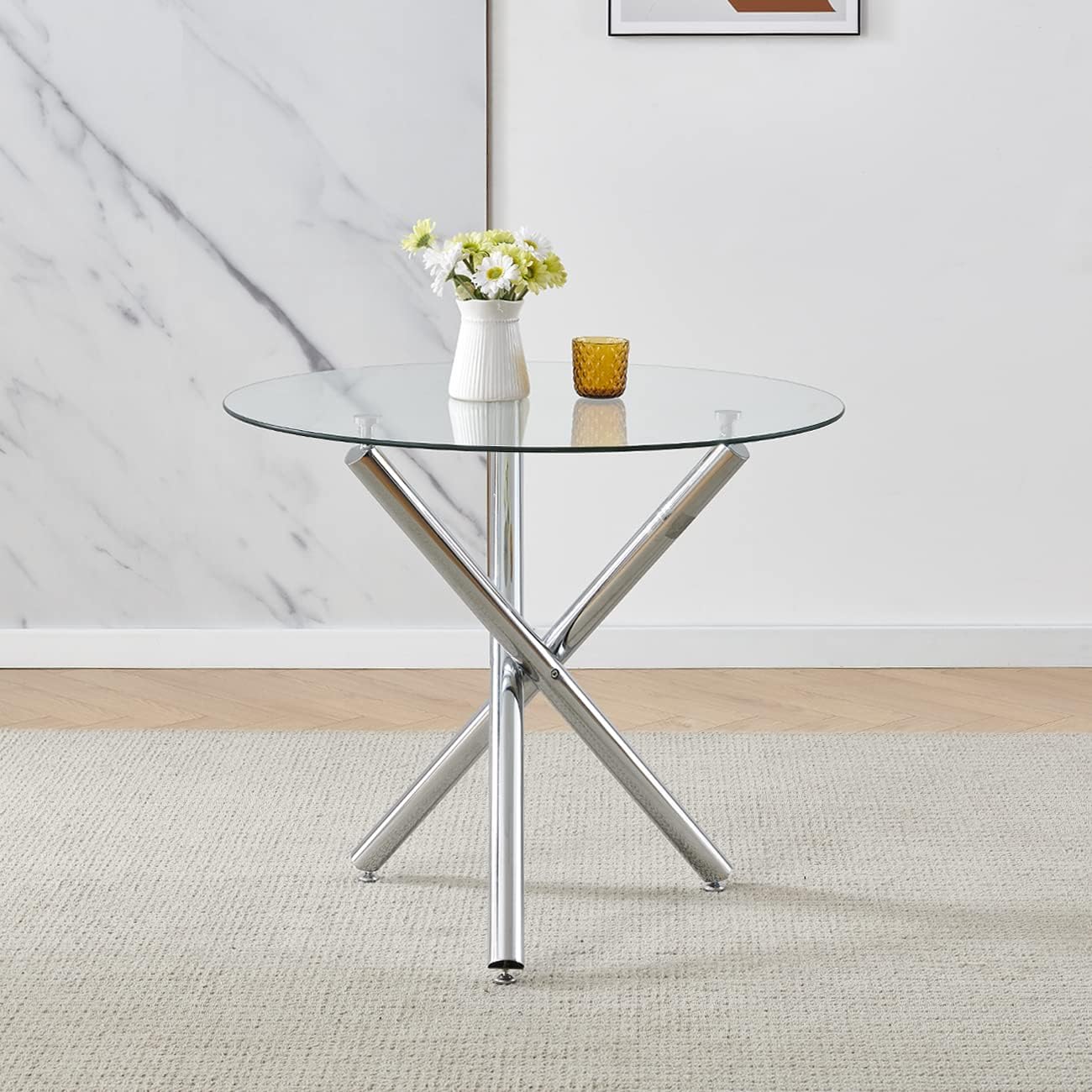 Round Glass Dining Table and Grey Velvet Chairs Set of 4 for Small Space