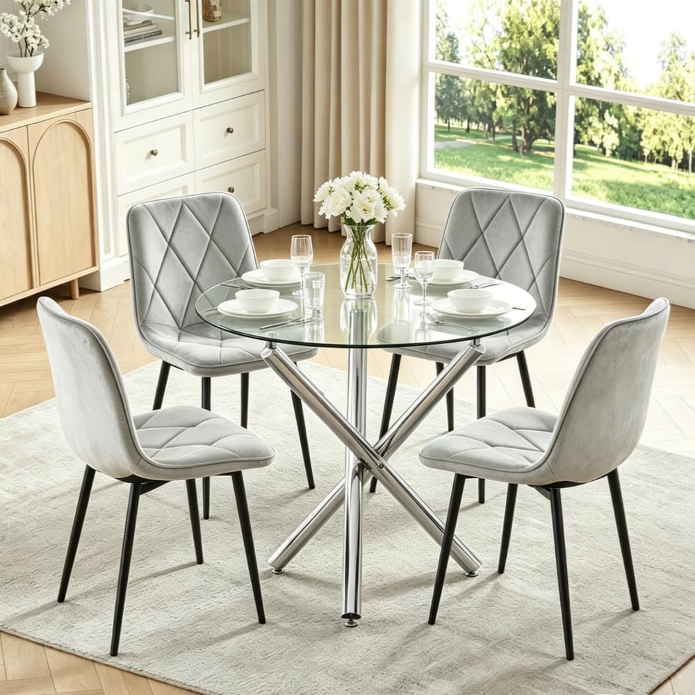 Round Glass Dining Table and Grey Velvet Chairs Set of 4 for Small Space