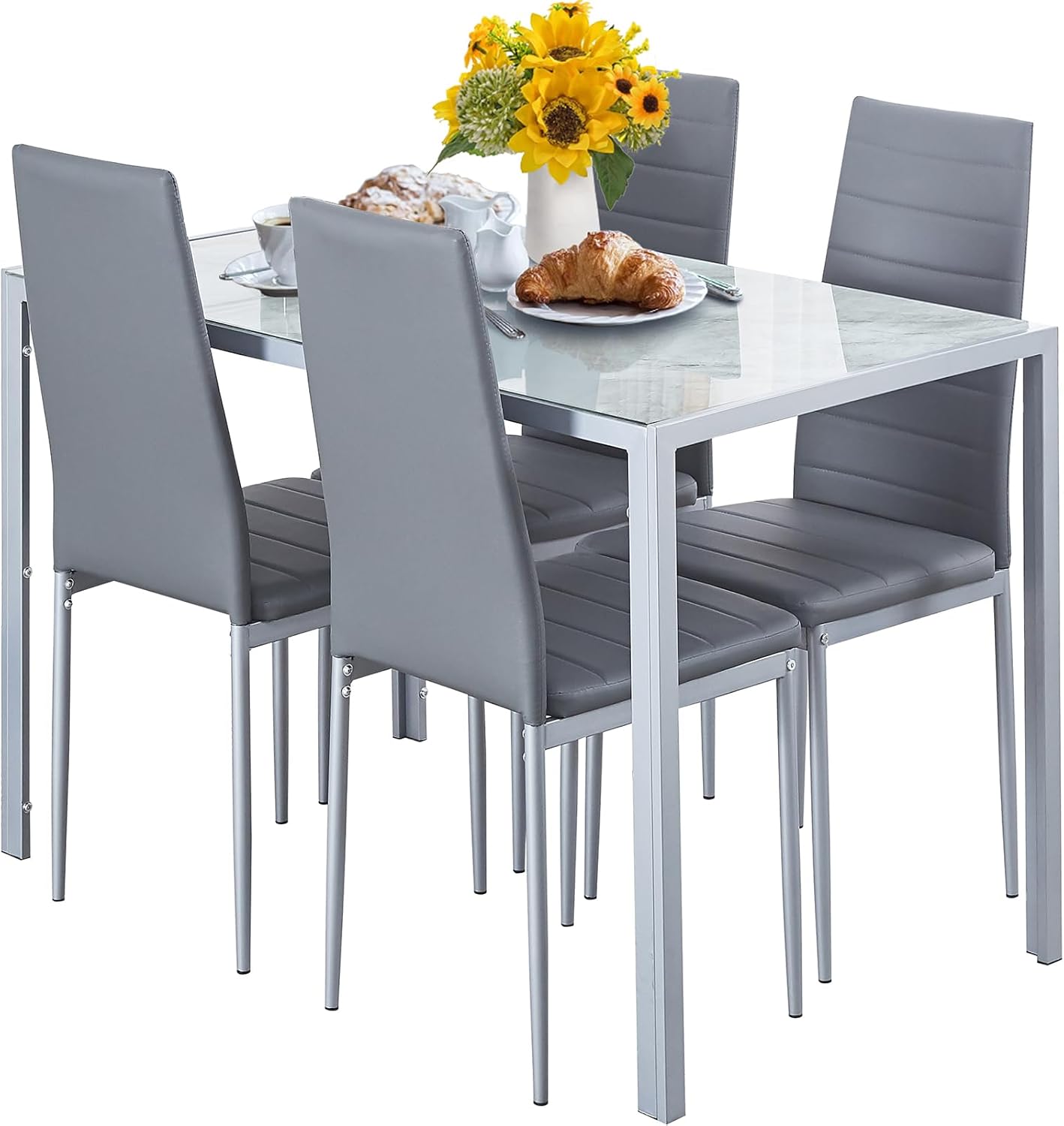 5 Pieces Marble Dining Table and Chair Set,Glass Kitchen Dining Set for 4,Rectangular Marble Effect Table with 4 Chairs for Home Kitchen/Dinette/Restaurant