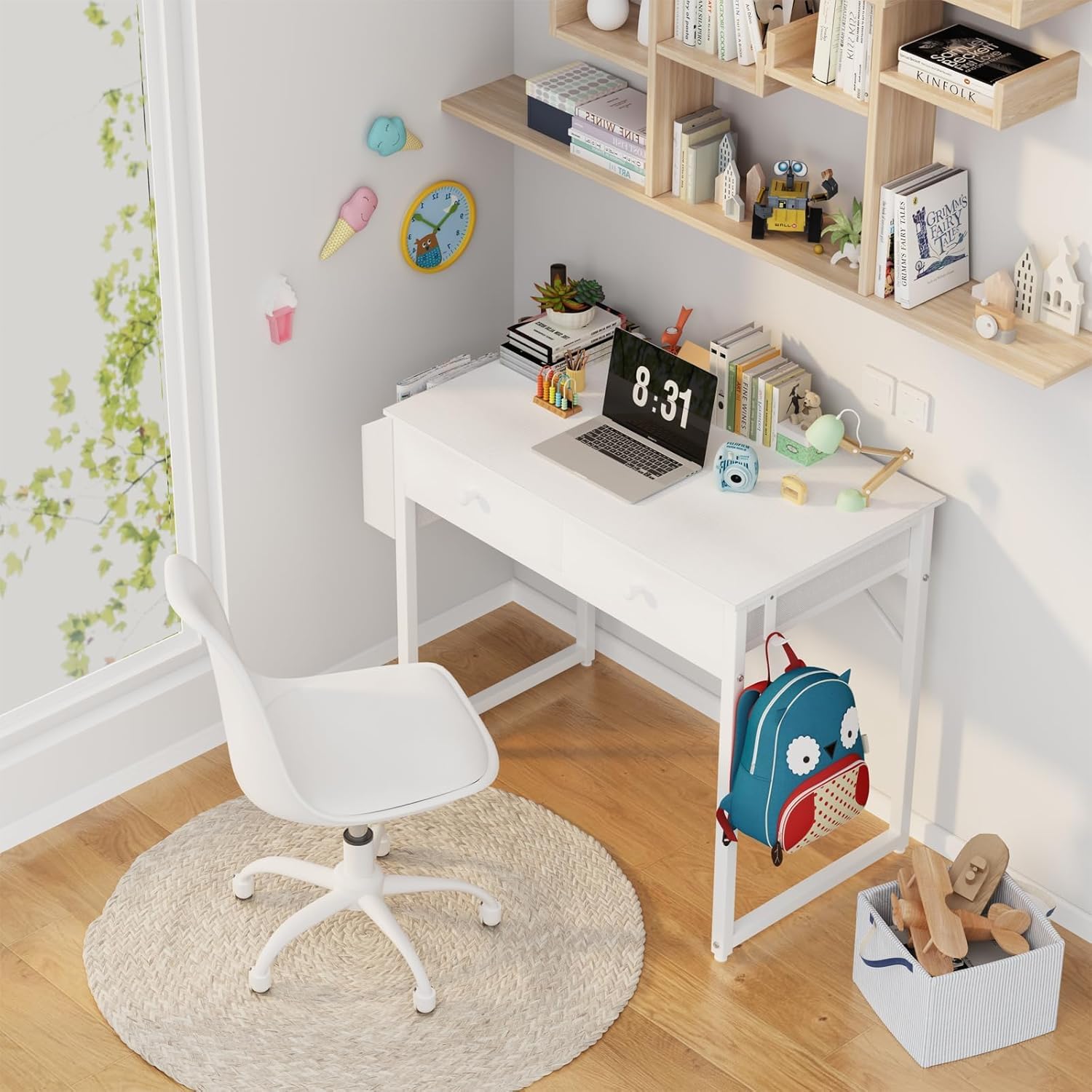 White Computer Desk with 2 Drawers & Storage