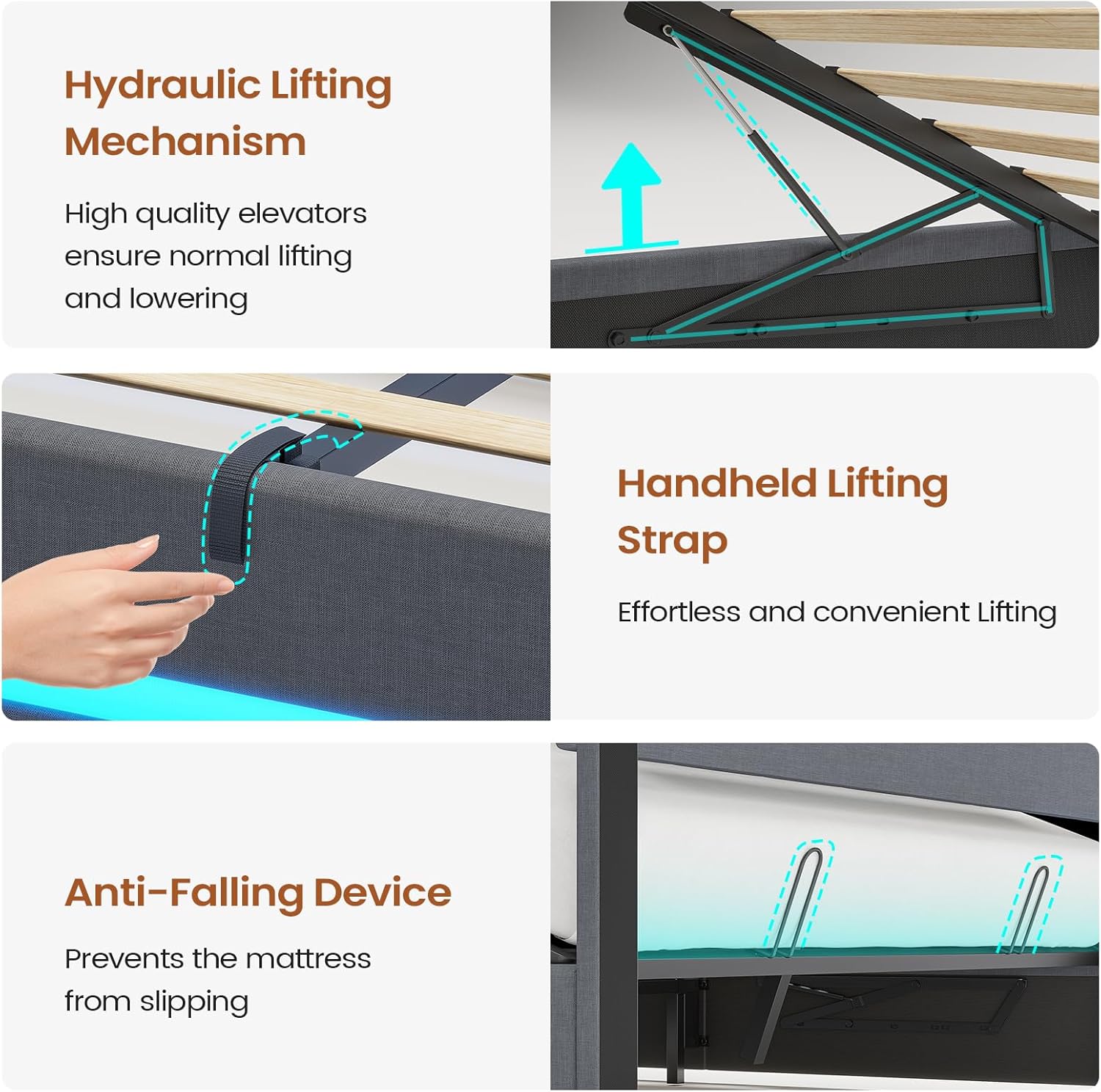 Double Ottoman Bed Frame 135×190 cm with Charging Station &amp; LED Lights