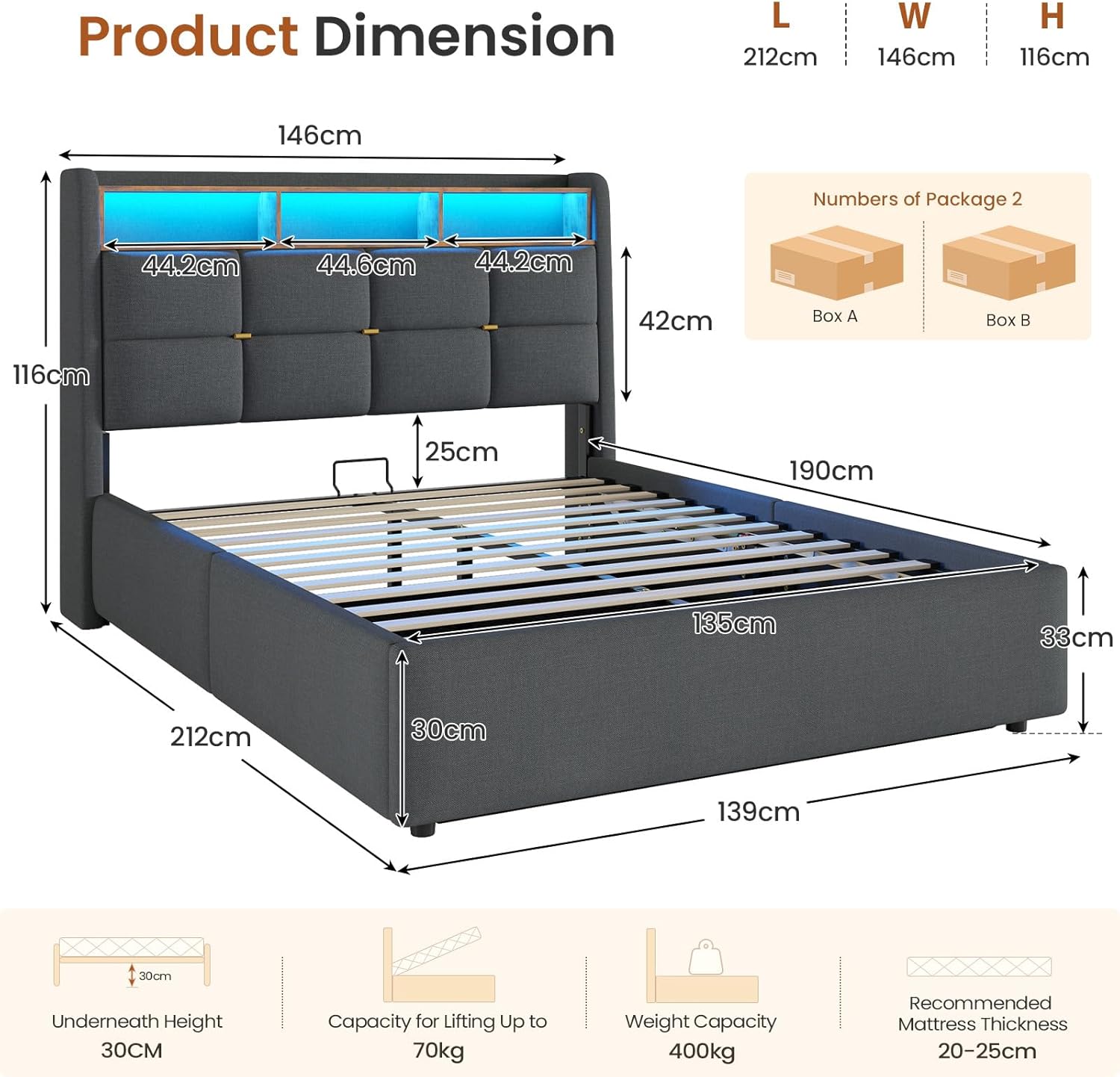 Double Ottoman Bed Frame with Hydraulic Storage,Charging Station and Led Lights 4ft6 Upholstered Platform Bed Frame with Storage Headboard,Sturdy Wood Slats,Grey-135x190 cm(No Mattress)