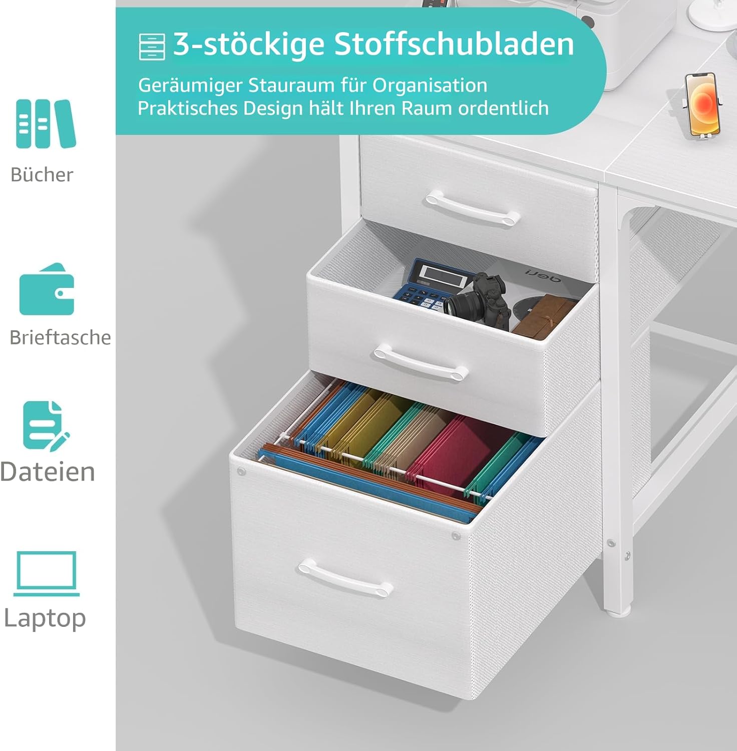 Compact Desk with 3 Drawers, White 120×50cm