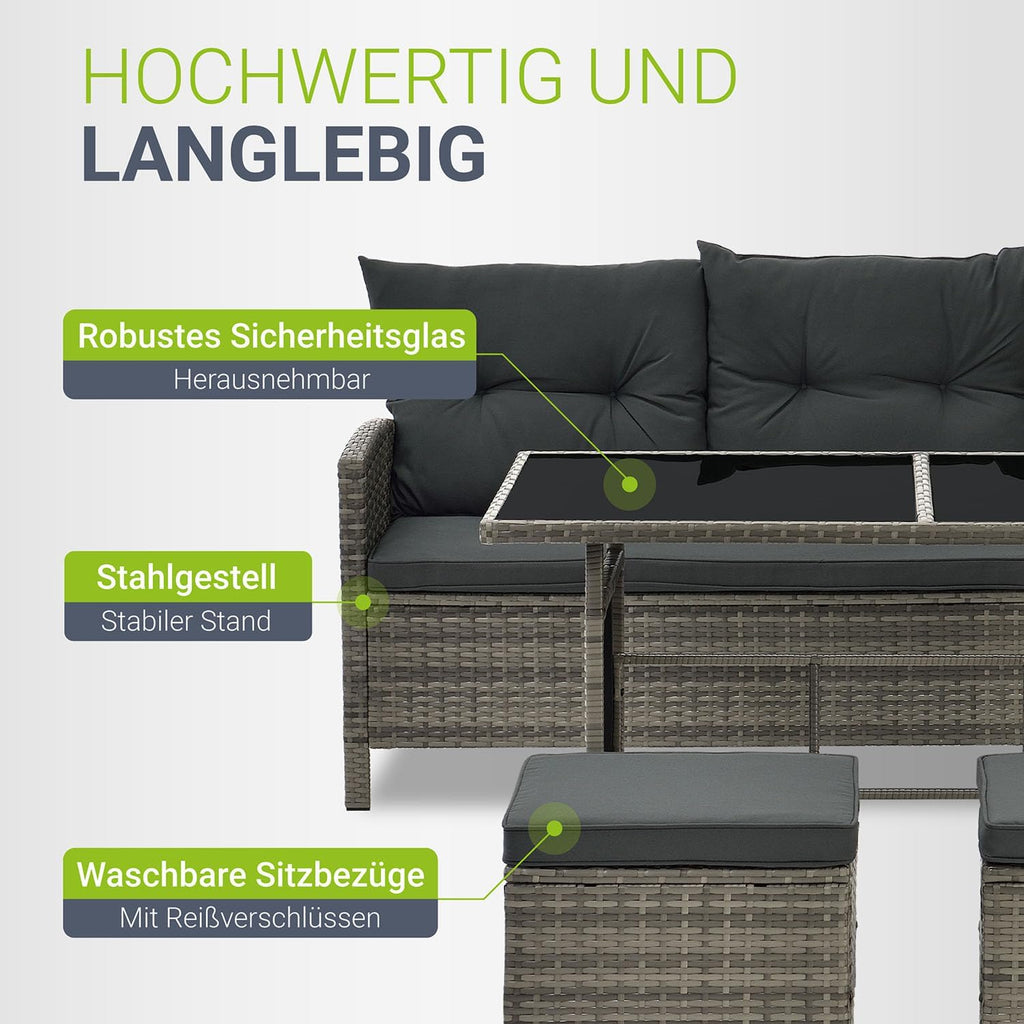 Rattan Garden Lounge Set with Corner Sofa, Dining Table & Stools