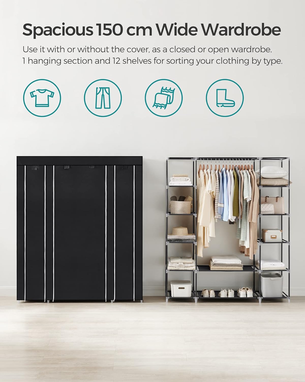 Portable Fabric Wardrobe with Hanging Rail & Shelves