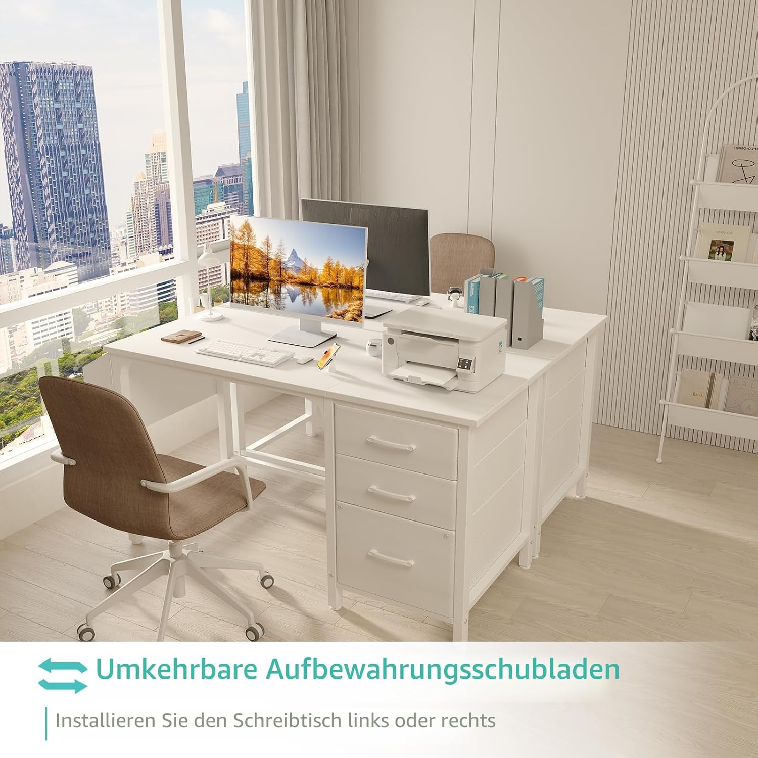 Compact Desk with 3 Drawers, White 120×50cm
