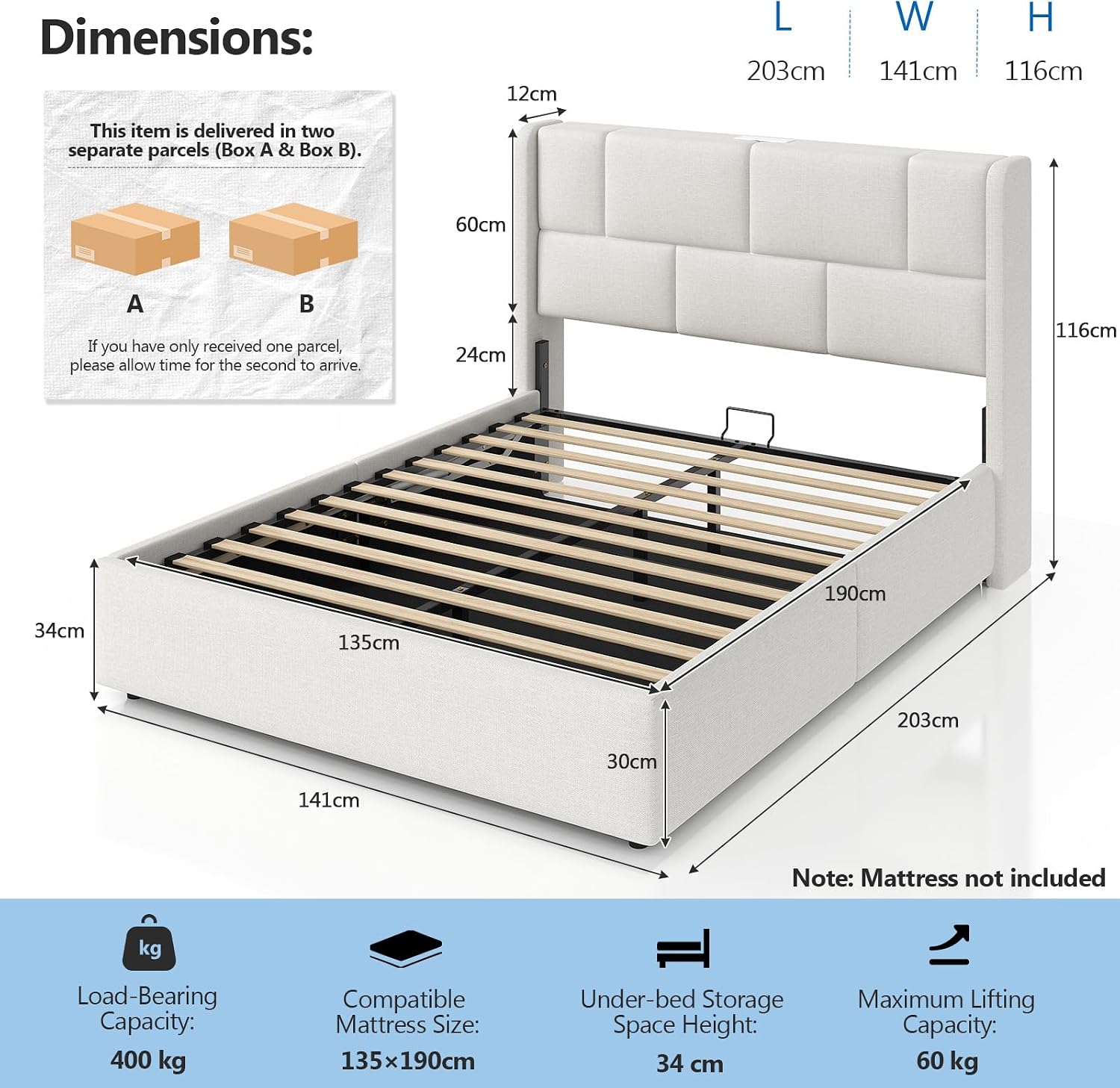 4ft6 Double Ottoman Bed Frame with Hydraulic Lift-Up Storage