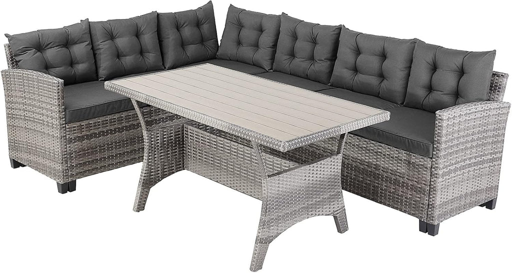 Rattan Garden Lounge Set with Corner Sofa, Dining Table & Cushions