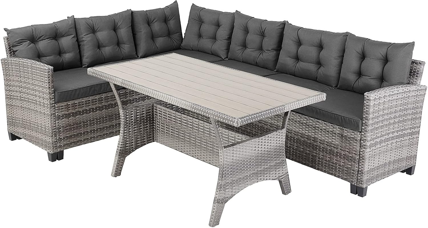 Rattan Garden Lounge Set with Corner Sofa, Dining Table & Cushions