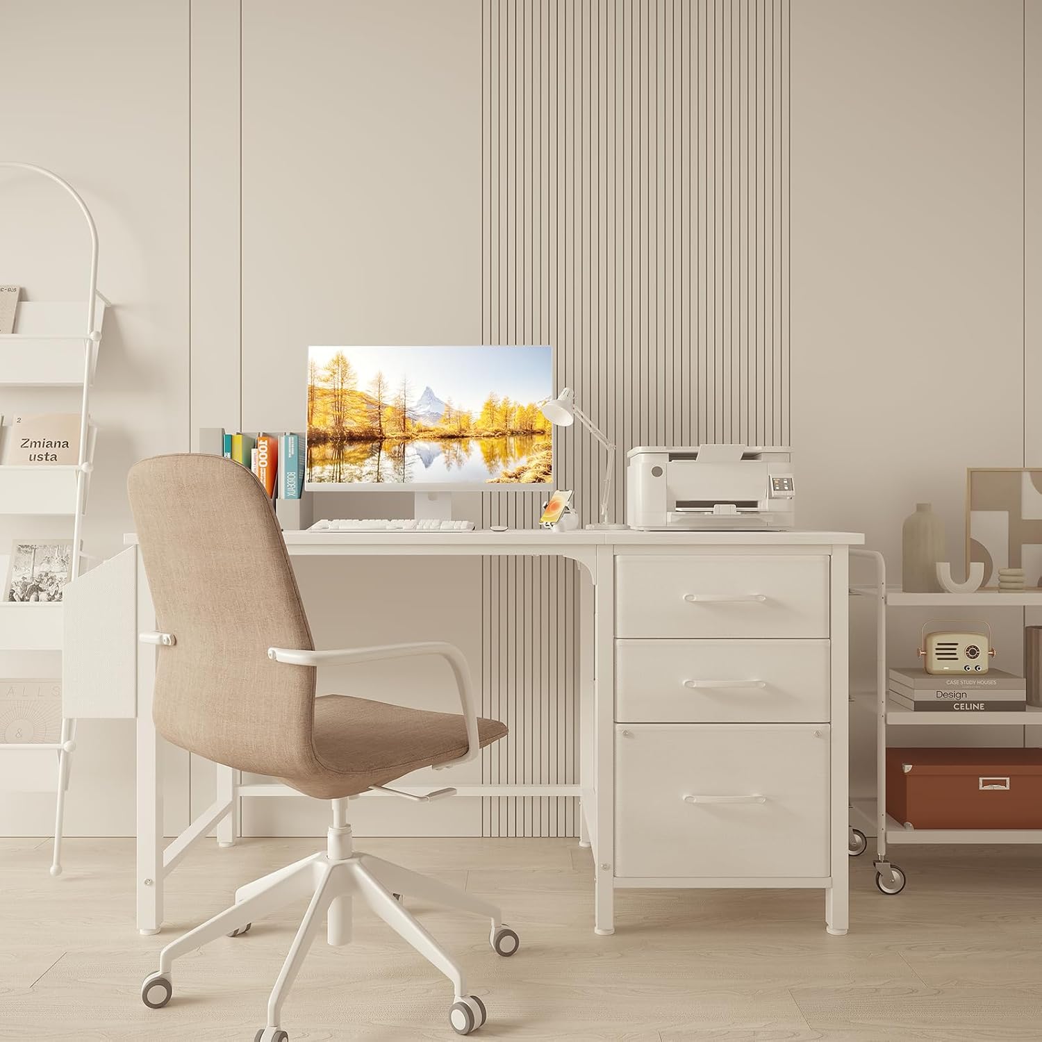 Compact Desk with 3 Drawers, White 120×50cm