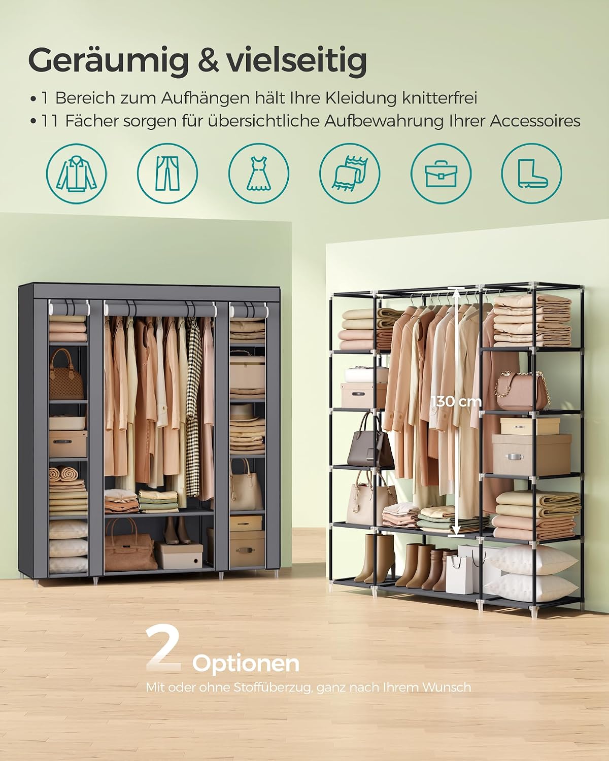 Fabric Wardrobe with 12 Cubes & Hanging Rail