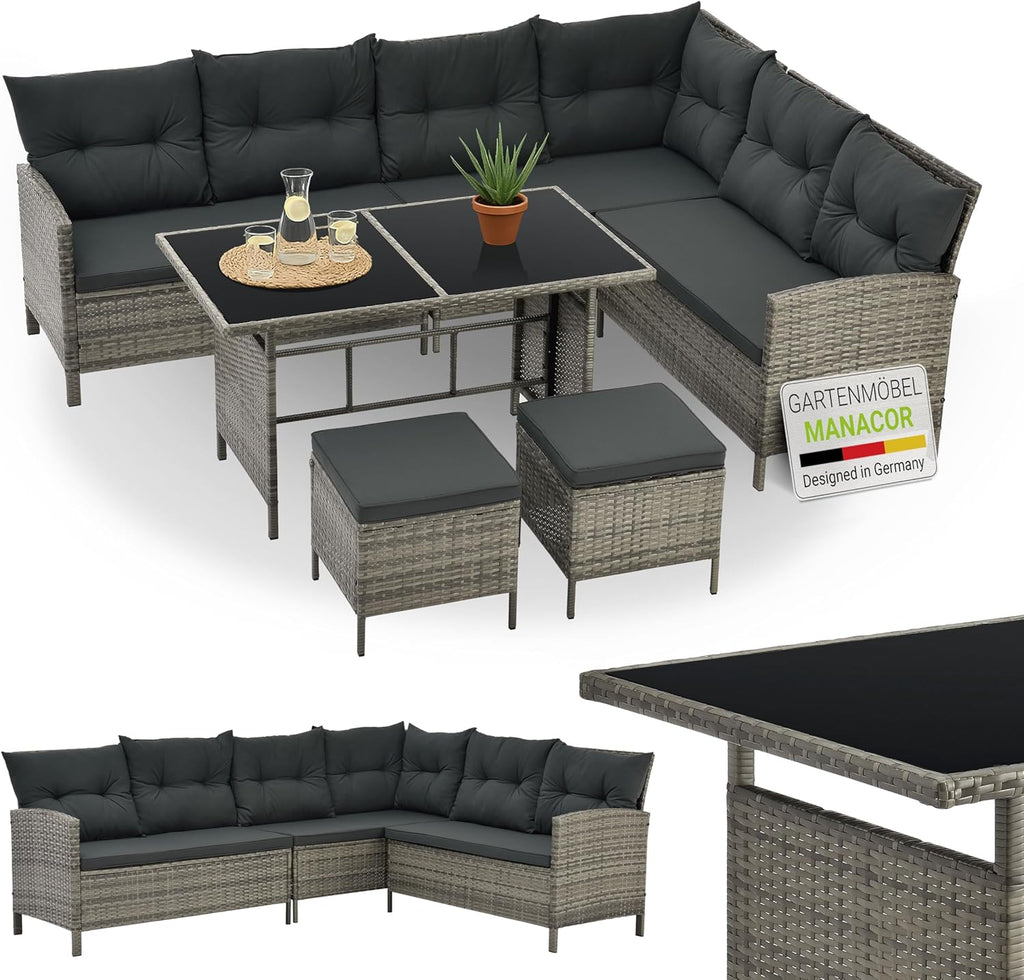Rattan Garden Lounge Set with Corner Sofa, Dining Table & Stools