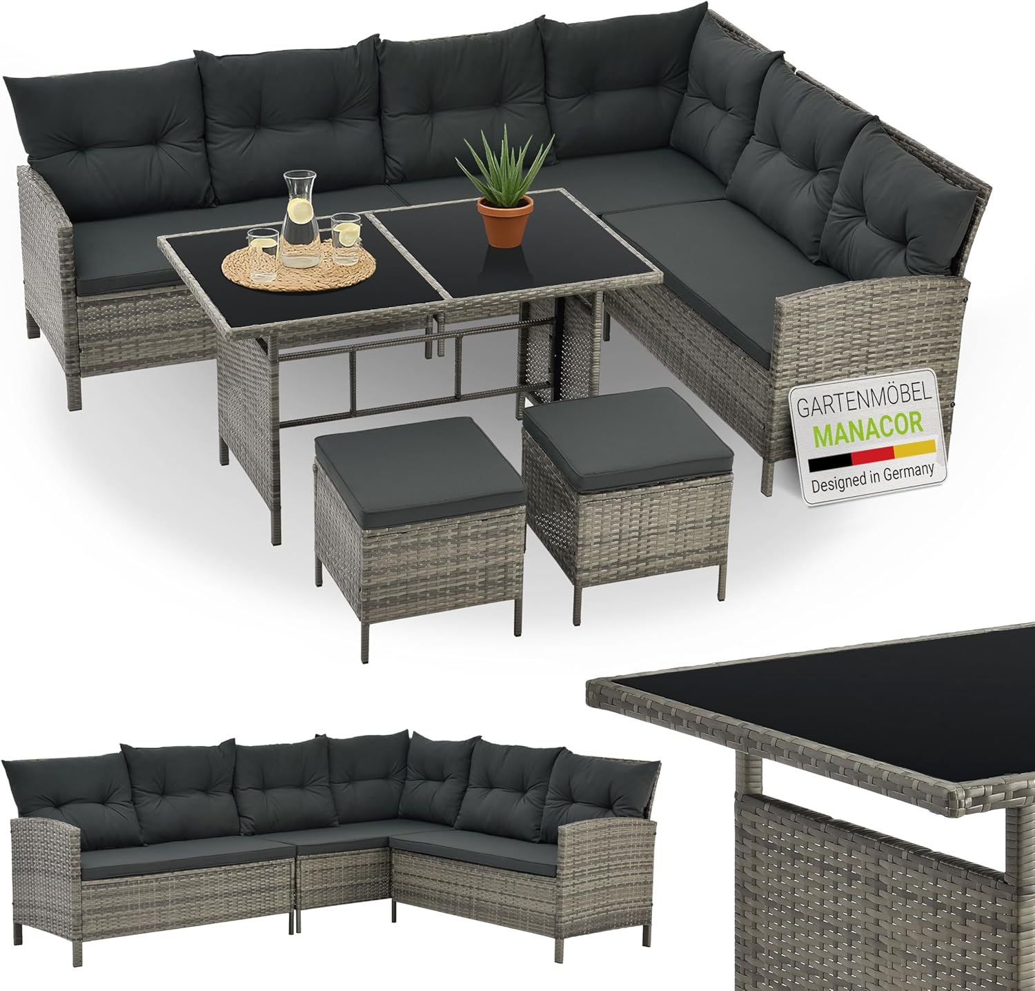 Rattan Garden Lounge Set with Corner Sofa, Dining Table & Stools