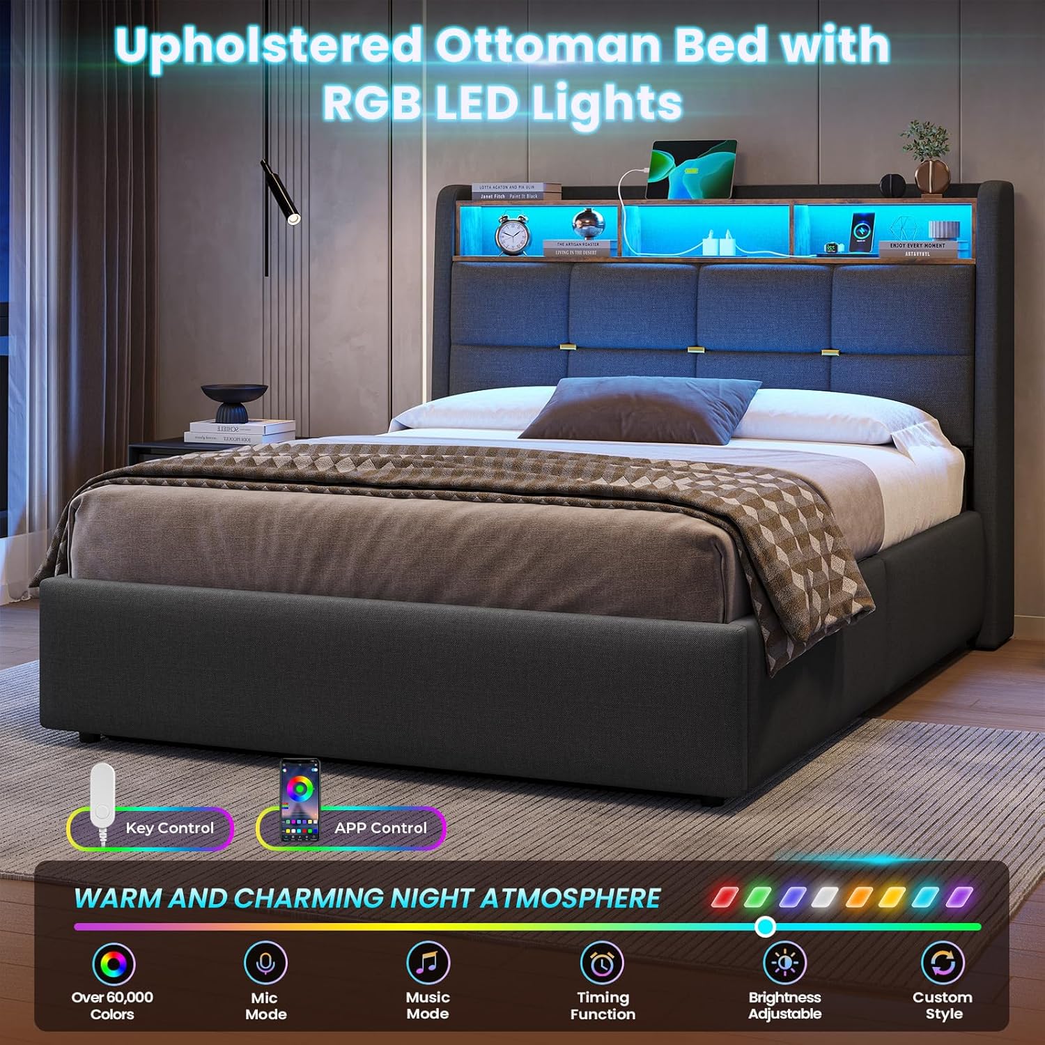 Double Ottoman Bed Frame with Hydraulic Storage,Charging Station and Led Lights 4ft6 Upholstered Platform Bed Frame with Storage Headboard,Sturdy Wood Slats,Grey-135x190 cm(No Mattress)
