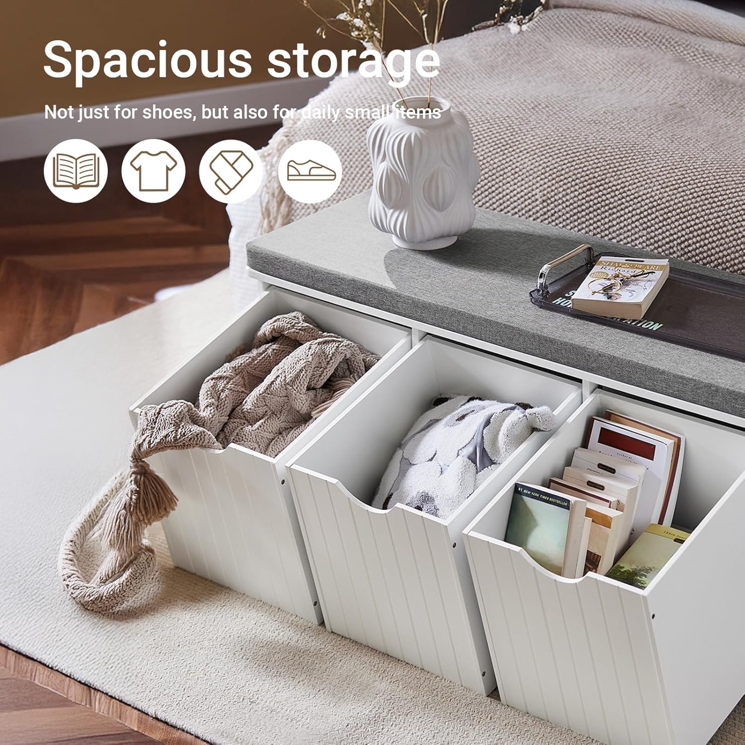Hallway Shoe Storage Bench with 3 Drawers - Shoe Rack with Seat Cushion