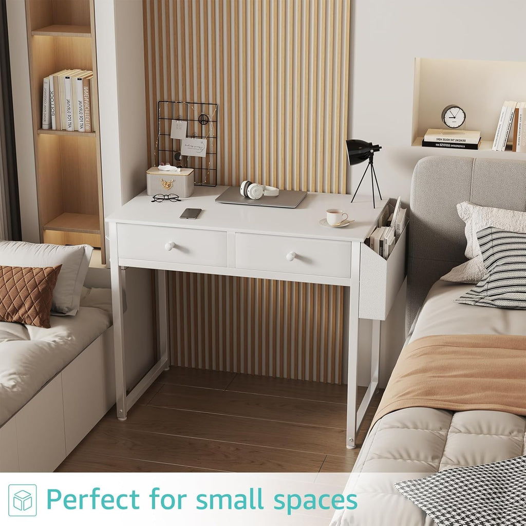 White Computer Desk with 2 Drawers & Storage