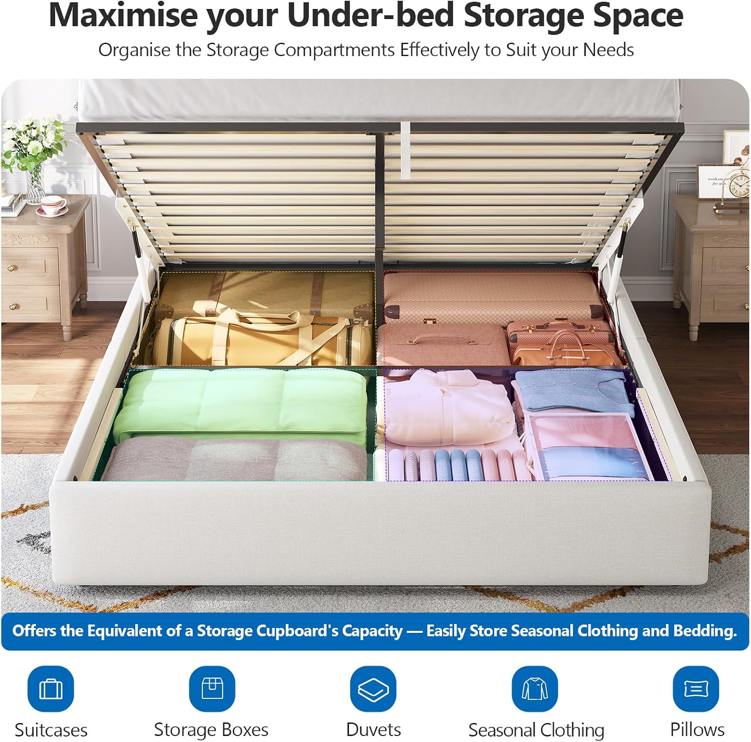 4ft6 Double Ottoman Bed Frame with Hydraulic Lift-Up Storage