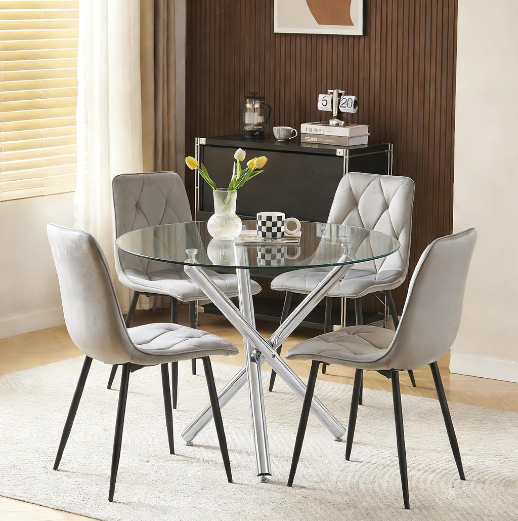 Round Glass Dining Table and Grey Velvet Chairs Set of 4 for Small Space