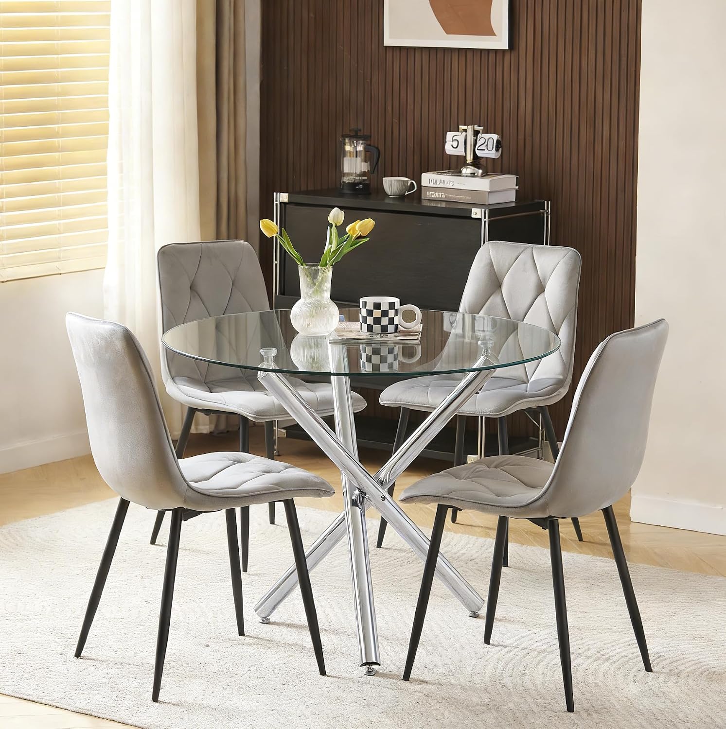 Round Glass Dining Table and Grey Velvet Chairs Set of 4 for Small Space