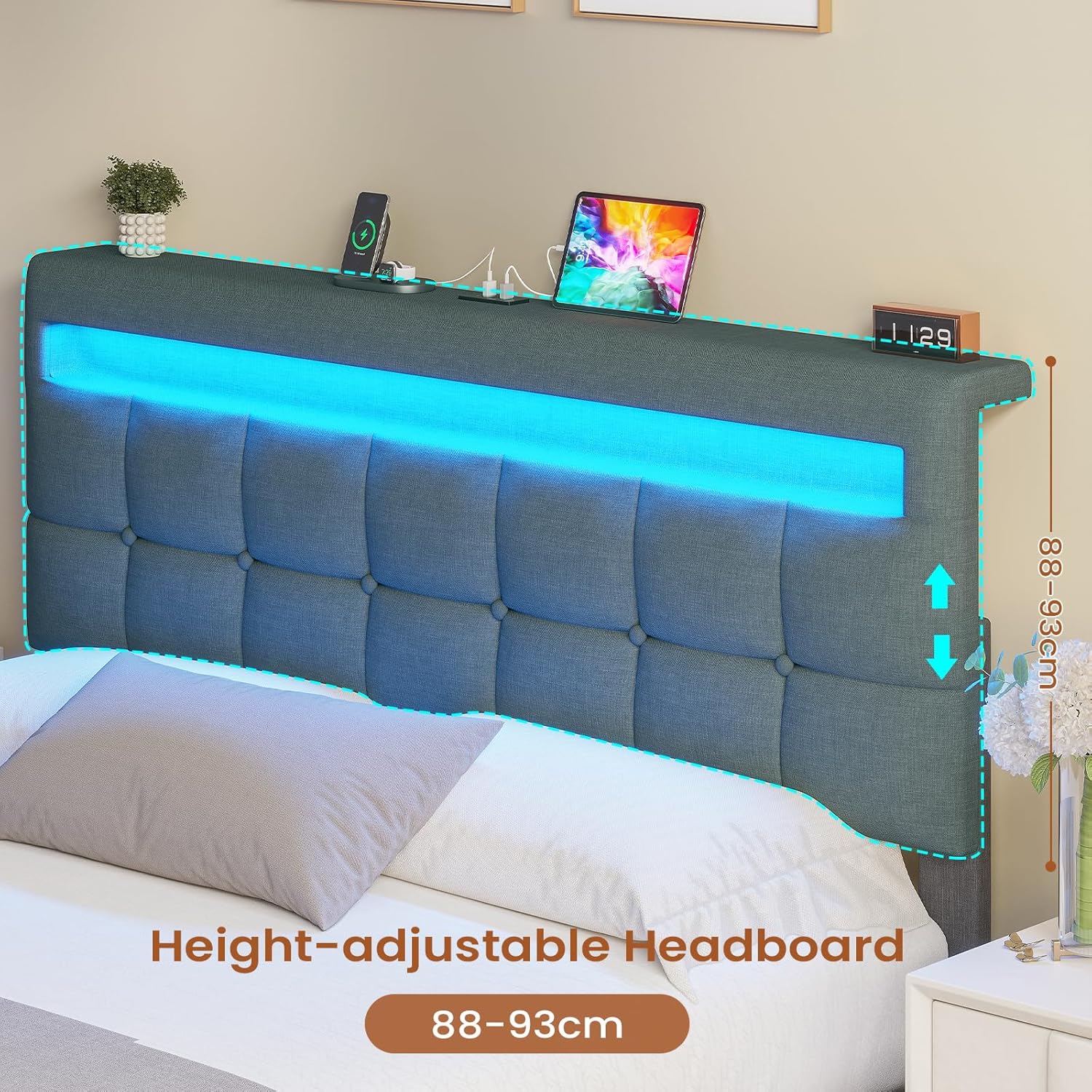 Double Ottoman Bed Frame 135×190 cm with Charging Station &amp; LED Lights