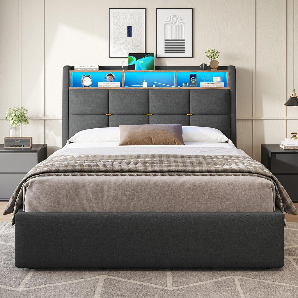 Double Ottoman Bed Frame with Hydraulic Storage,Charging Station and Led Lights 4ft6 Upholstered Platform Bed Frame with Storage Headboard,Sturdy Wood Slats,Grey-135x190 cm(No Mattress)