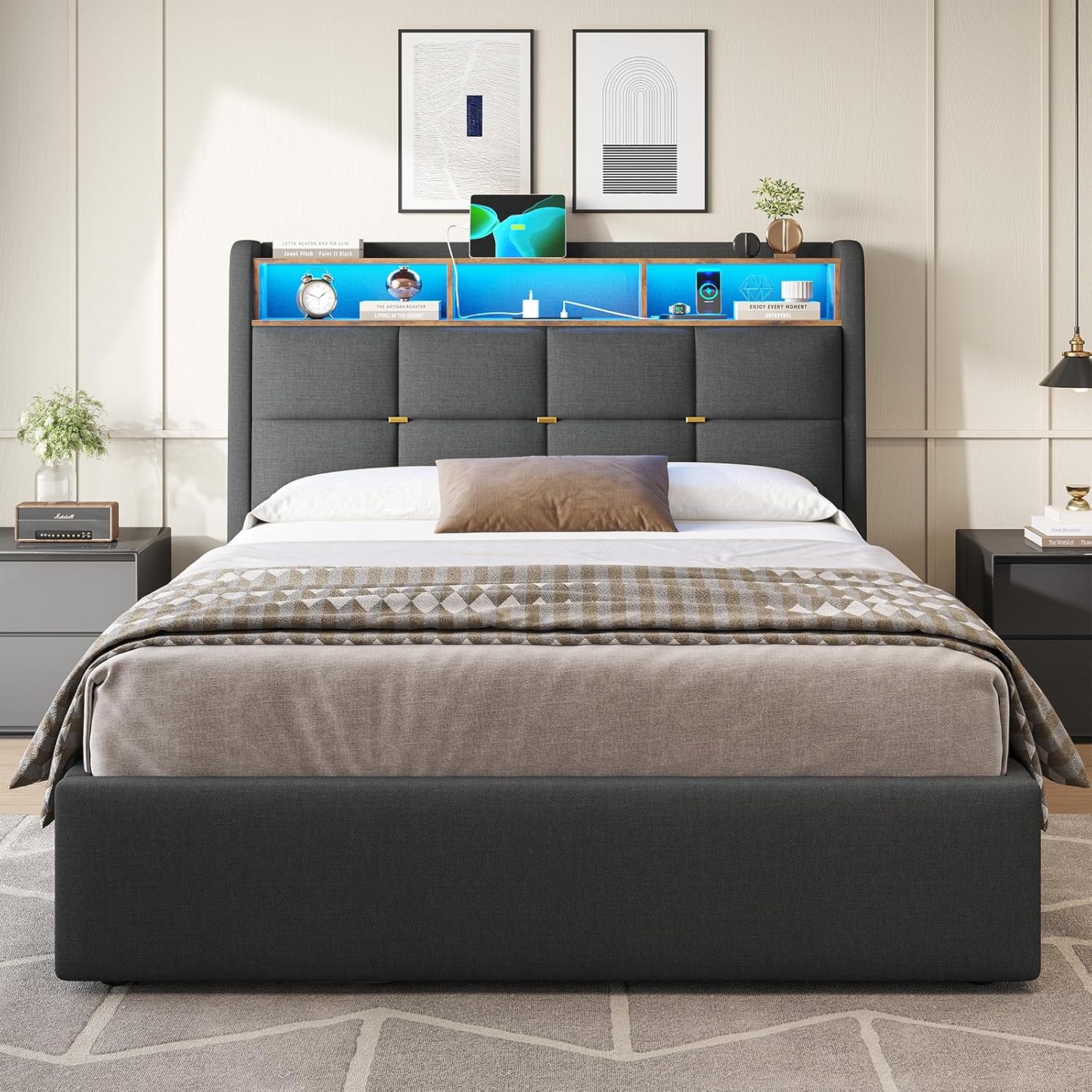 Double Ottoman Bed Frame with Hydraulic Storage,Charging Station and Led Lights 4ft6 Upholstered Platform Bed Frame with Storage Headboard,Sturdy Wood Slats,Grey-135x190 cm(No Mattress)