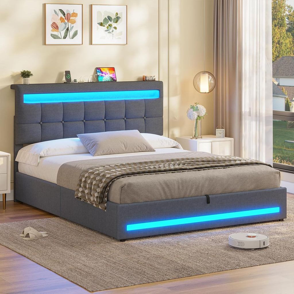 Double Ottoman Bed Frame 135×190 cm with Charging Station &amp; LED Lights