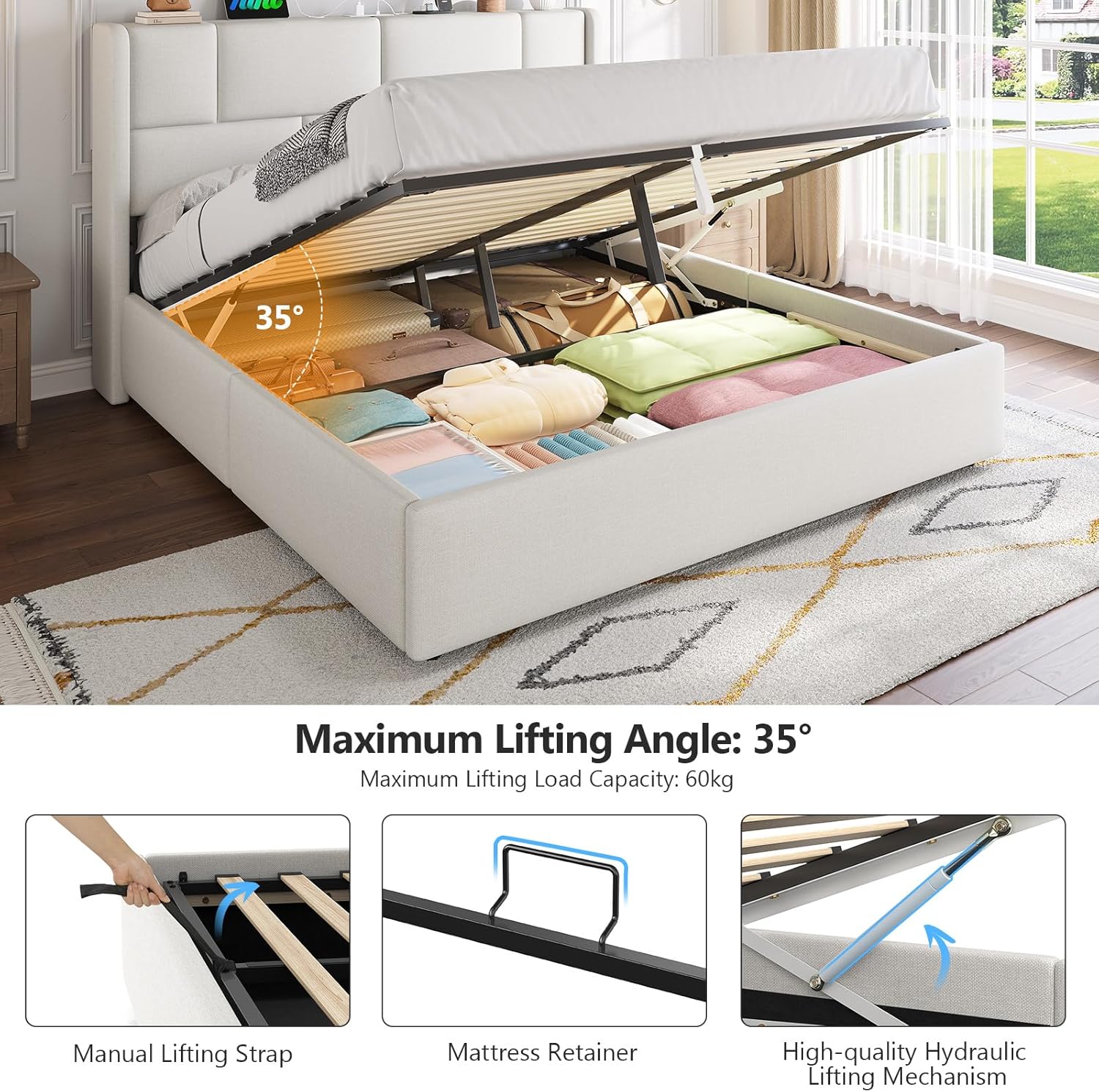 4ft6 Double Ottoman Bed Frame with Hydraulic Lift-Up Storage